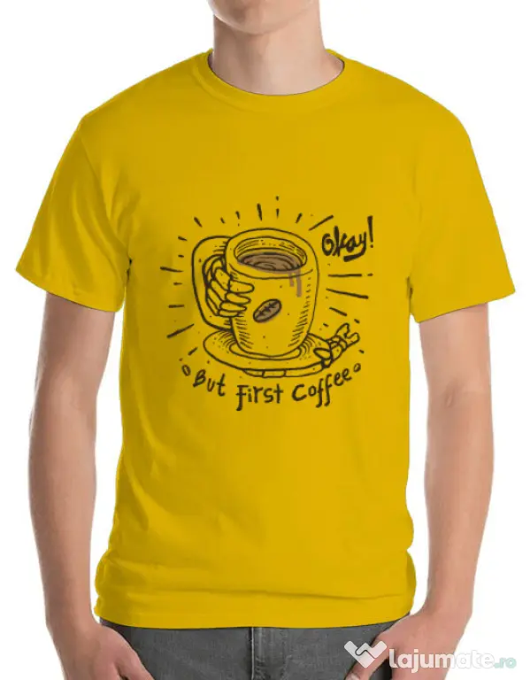 Tricou ADLER barbat Okay! But first coffee Galben