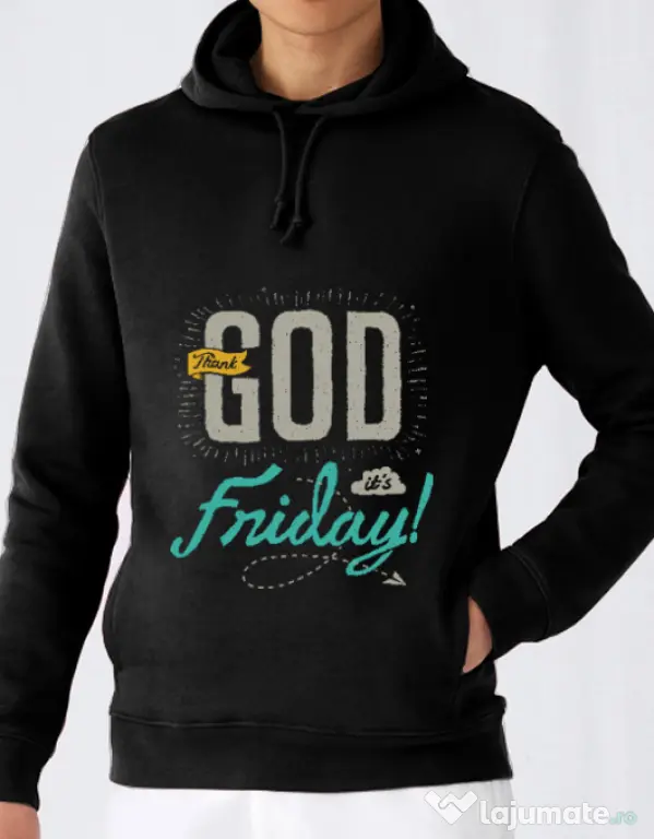Hoodie barbat cu gluga Thank GOD its Friday Negru