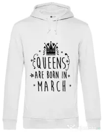 Hoodie barbat cu gluga Queens are born in March Alb