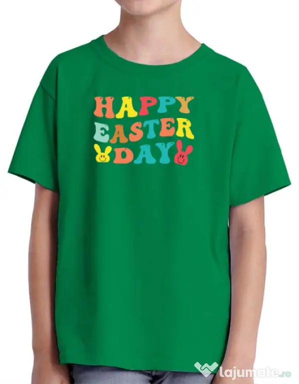 Tricou personalizat copil HAPPY EASTER DAY Verde mediu