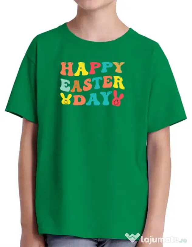 Tricou personalizat copil HAPPY EASTER DAY Verde mediu