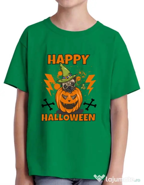 Tricou ADLER copil Halloween Pug Verde mediu