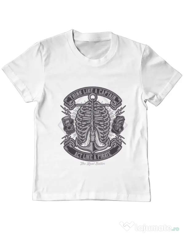Tricou ADLER copil Think Like A Captain Act Like A Pirate Alb
