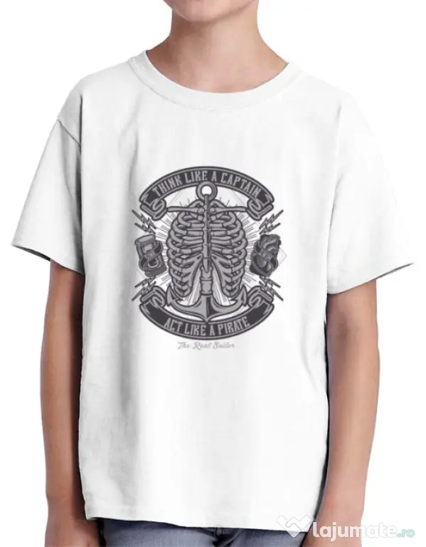 Tricou ADLER copil Think Like A Captain Act Like A Pirate Alb