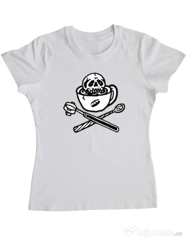 Tricou ADLER dama Death before decaf Alb