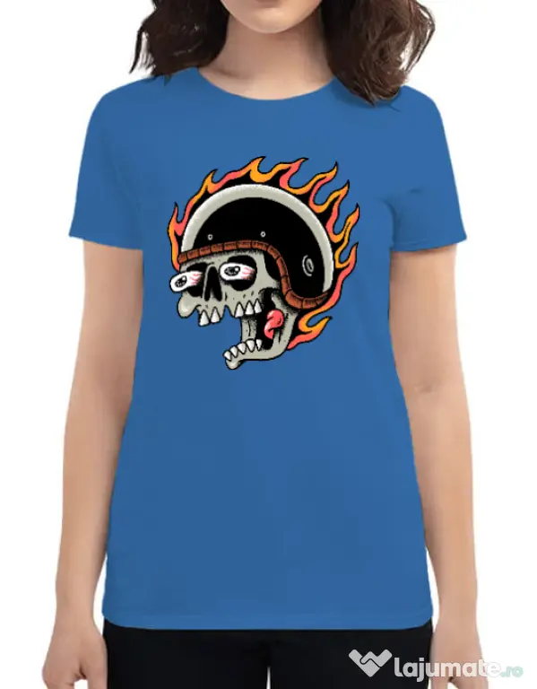Tricou personalizat dama Skull Biker Albastru azuriu