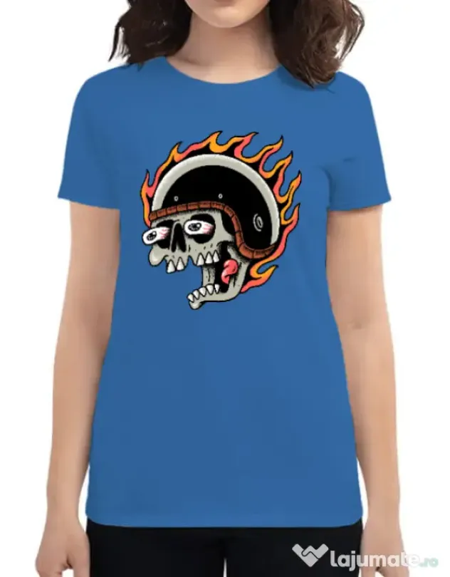 Tricou personalizat dama Skull Biker Albastru azuriu