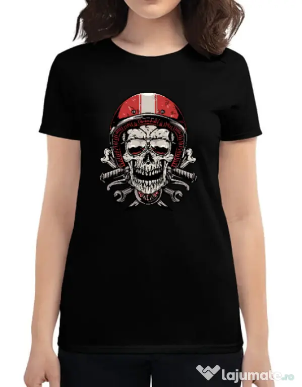 Tricou personalizat dama Skull Biker Negru
