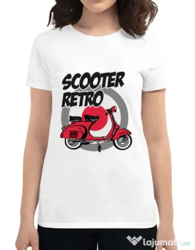 Tricou personalizat dama SCOOTER RETRO RED COLOR Alb