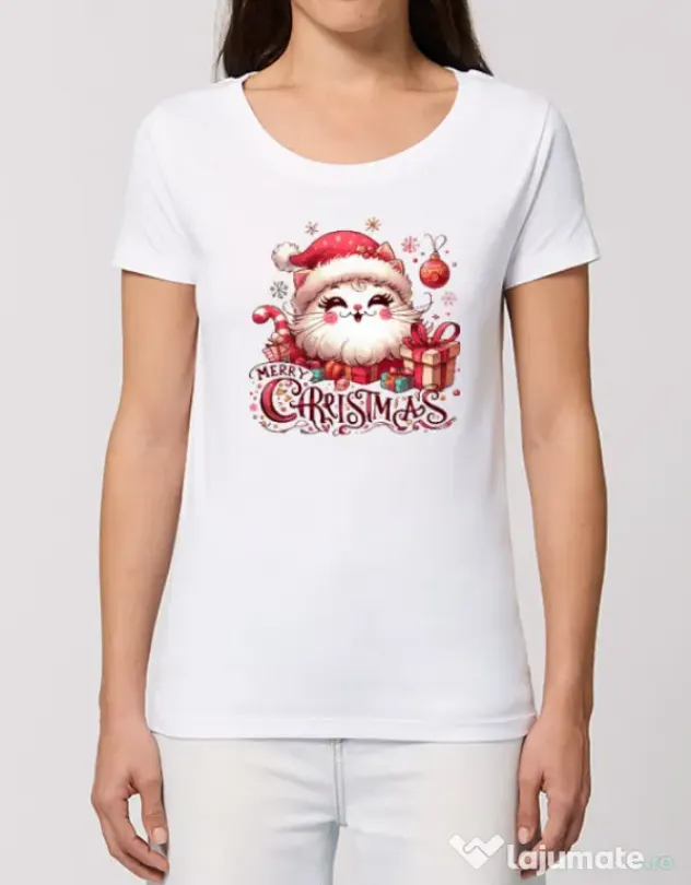Tricou STANLEY STELLA dama Cat Christmas Alb