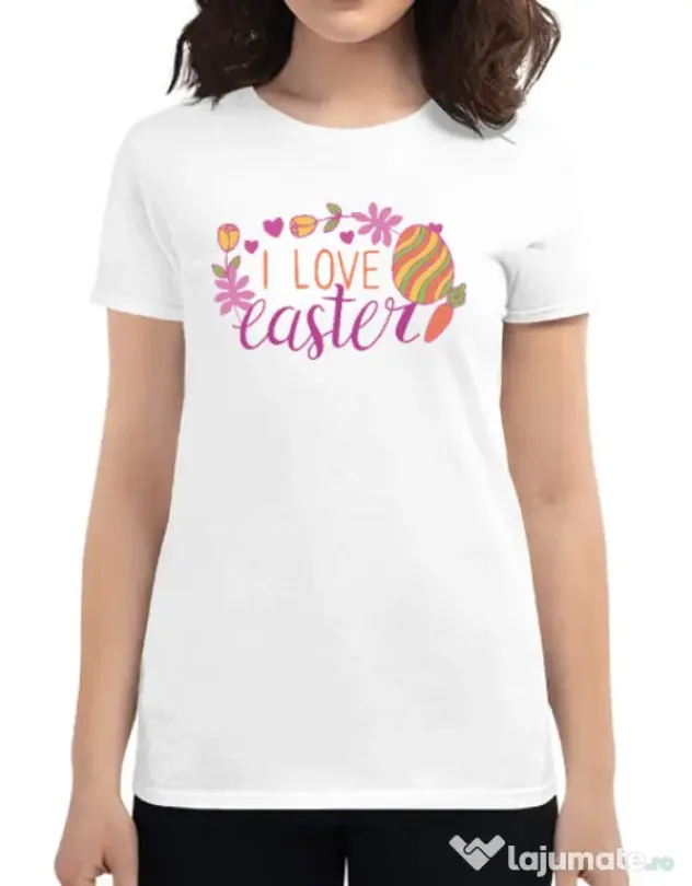 Tricou personalizat dama I LOVE EASTER Alb
