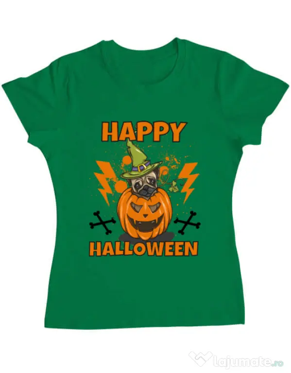 Tricou ADLER dama Halloween Pug Verde mediu