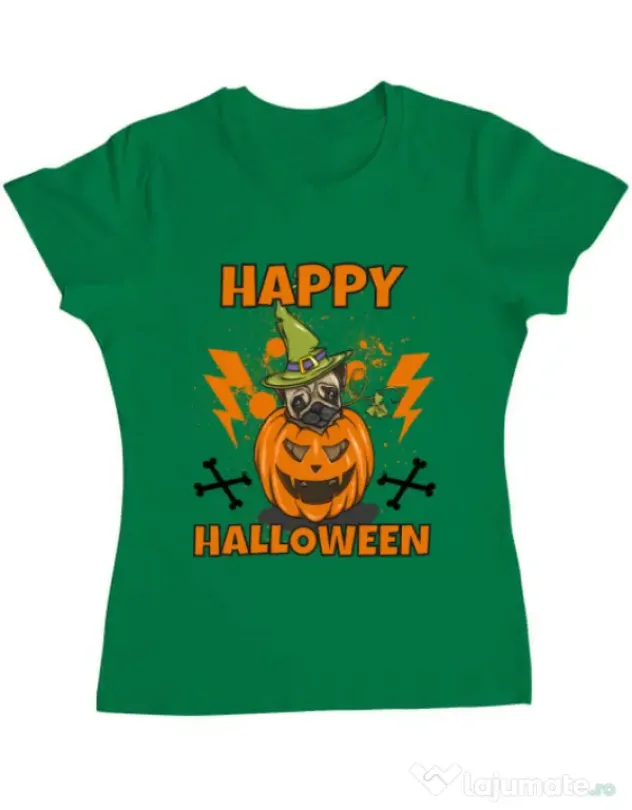 Tricou ADLER dama Halloween Pug Verde mediu