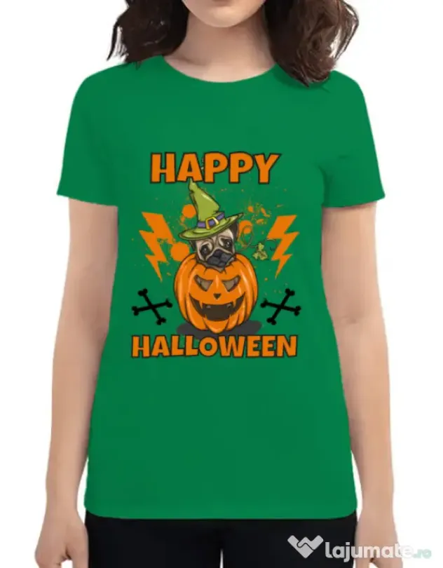 Tricou ADLER dama Halloween Pug Verde mediu