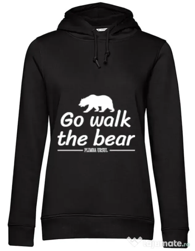 Hoodie dama cu gluga Go walk the bear Negru