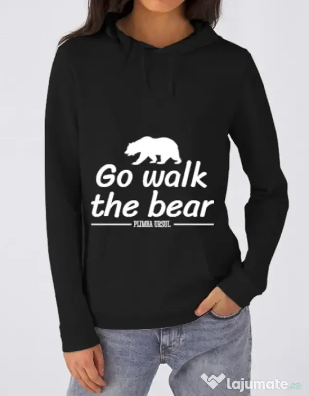Hoodie dama cu gluga Go walk the bear Negru