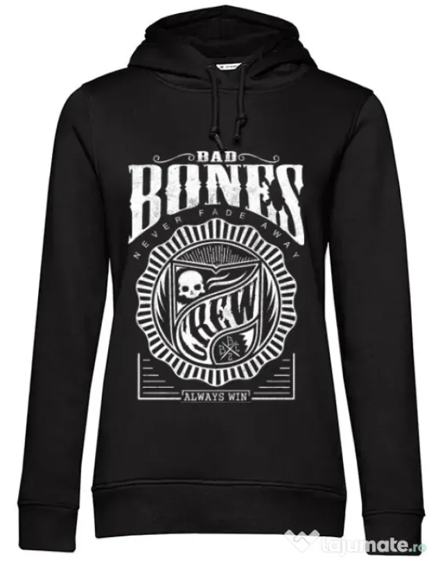 Hoodie dama cu gluga Bad bones crew always win Negru