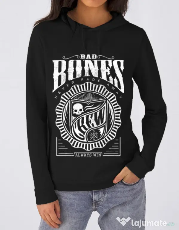 Hoodie dama cu gluga Bad bones crew always win Negru