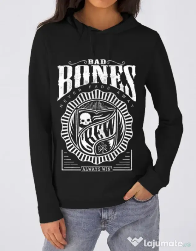 Hoodie dama cu gluga Bad bones crew always win Negru