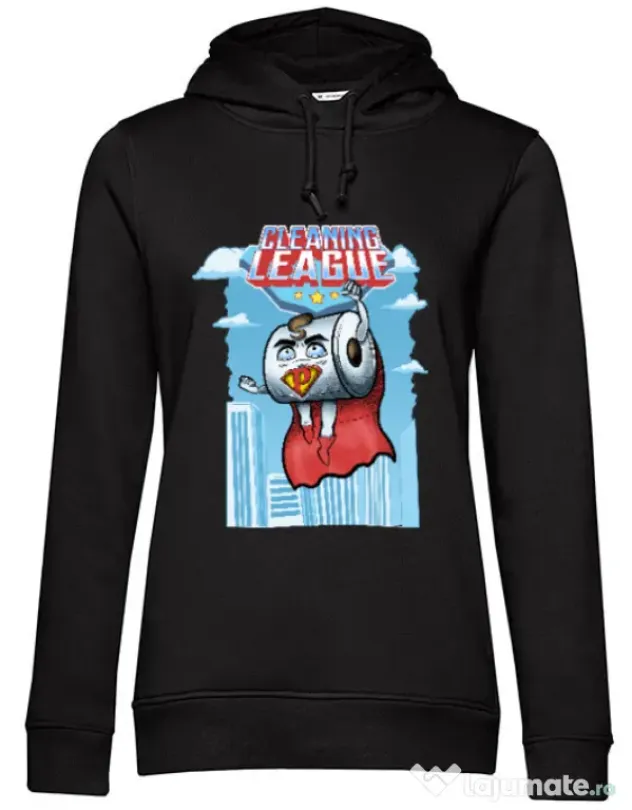 Hoodie dama cu gluga Cleaning league toilet paper Negru
