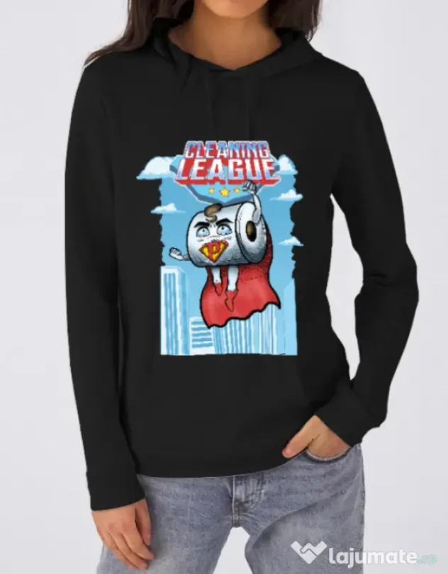 Hoodie dama cu gluga Cleaning league toilet paper Negru
