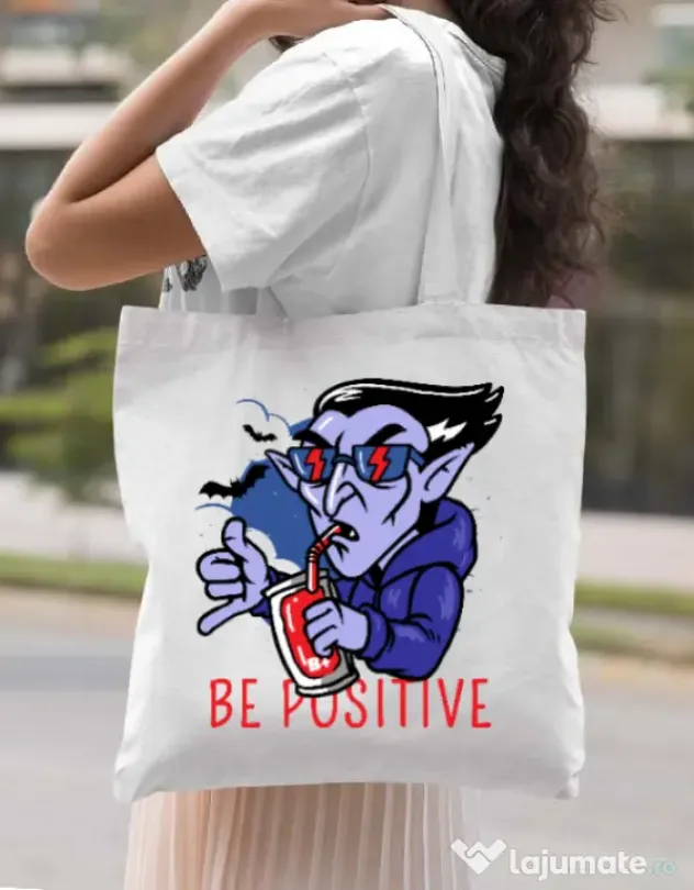 Sacosa din panza Be positive Alb
