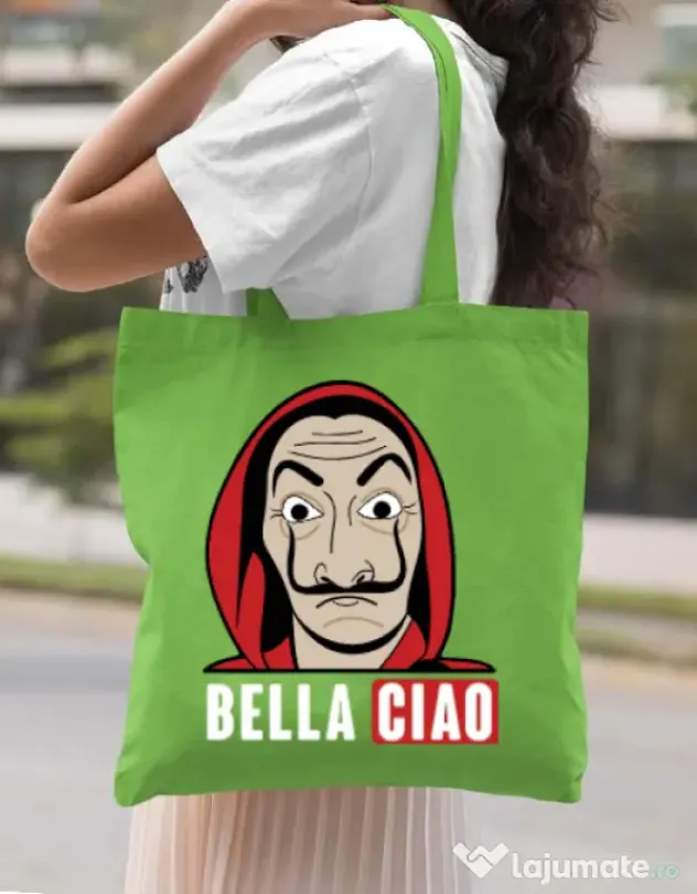 Sacosa din panza Bella ciao Verde mar