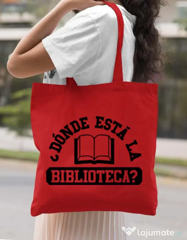 Sacosa din panza Donde esta la biblioteca Rosu
