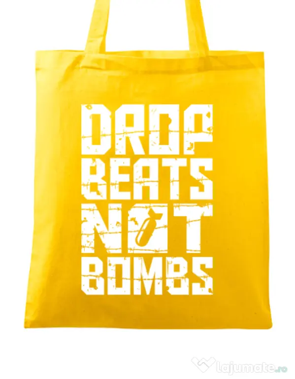 Sacosa din panza Drop beats, not bombs Galben