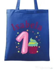 Sacosa din panza First Birthday Albastru regal