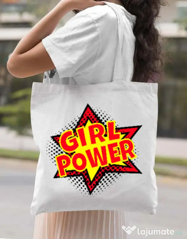 Sacosa din panza Girl power Alb