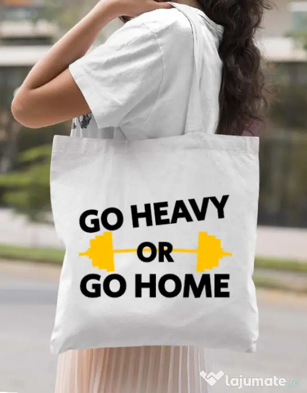Sacosa din panza Go heavy or go home Alb