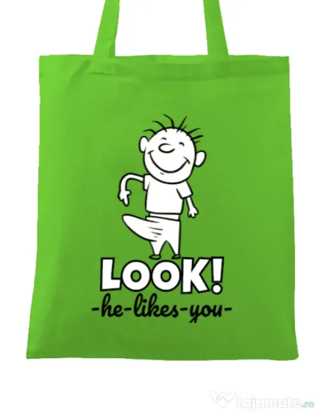 Sacosa din panza He likes you Verde mar