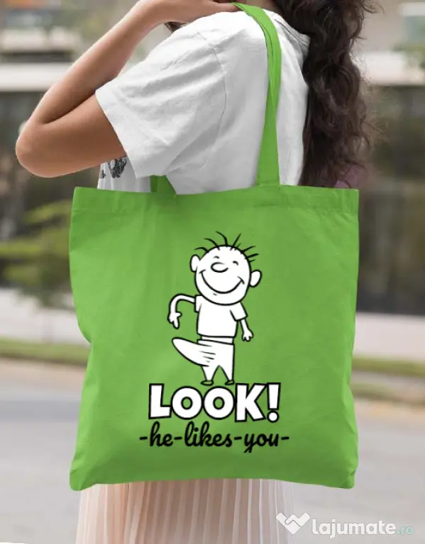 Sacosa din panza He likes you Verde mar