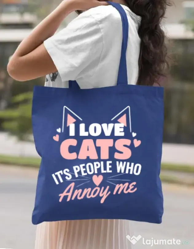 Sacosa din panza I love cats Albastru regal