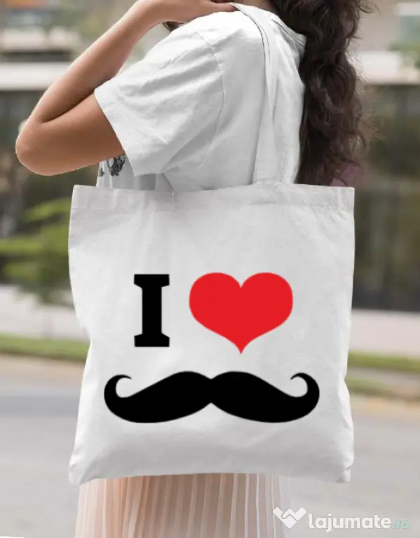 Sacosa din panza I love moustaches Alb
