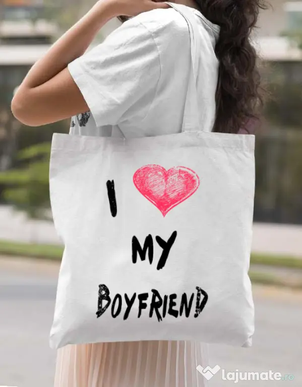 Sacosa din panza I love my boyfriend Alb