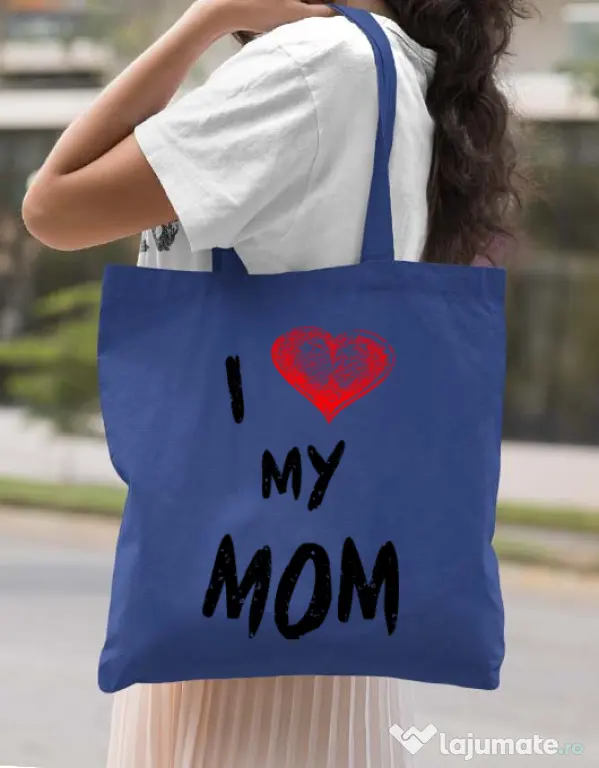 Sacosa din panza I love my mom Albastru regal