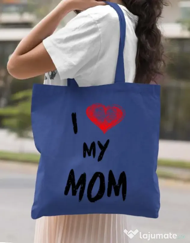Sacosa din panza I love my mom Albastru regal