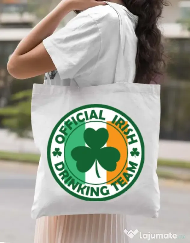 Sacosa din panza Irish Drinking Team Alb
