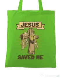 Sacosa din panza Jesus Saved Me Verde mar