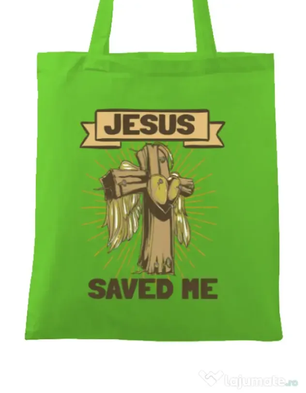 Sacosa din panza Jesus Saved Me Verde mar