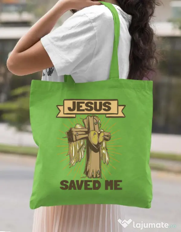 Sacosa din panza Jesus Saved Me Verde mar