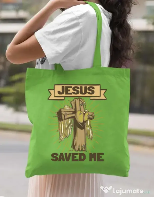 Sacosa din panza Jesus Saved Me Verde mar