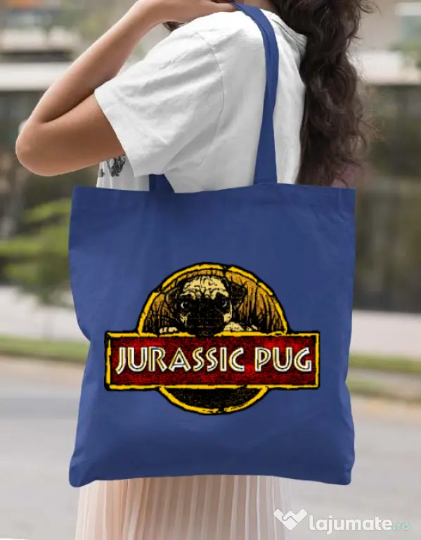Sacosa din panza Jurassic Pug Albastru regal