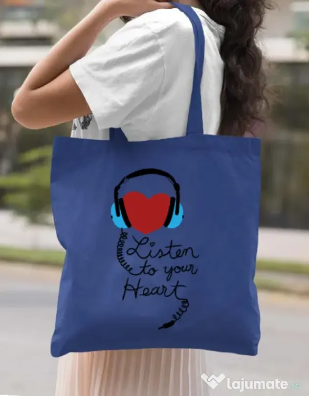 Sacosa din panza Listen to your heart Albastru regal