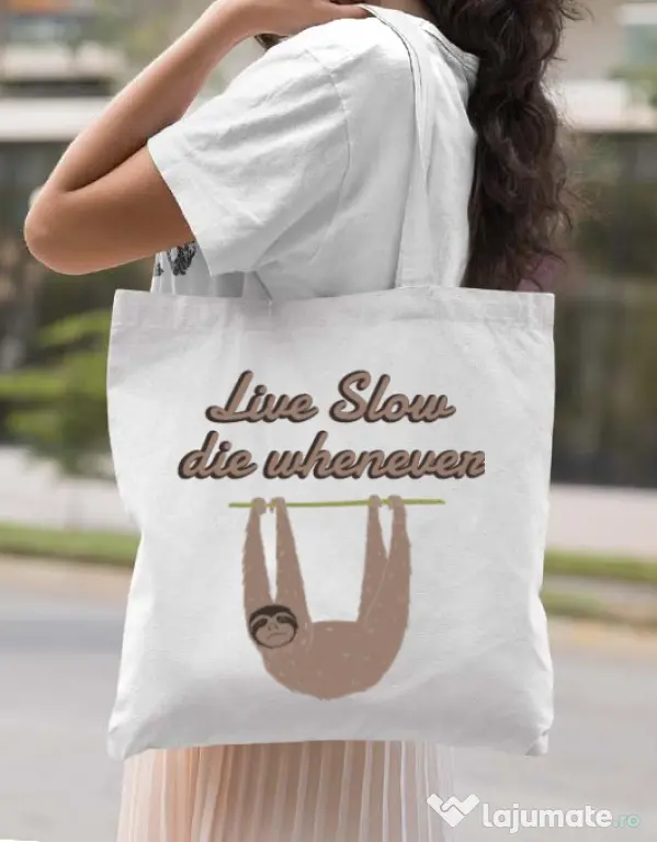 Sacosa din panza Live slow, die whenever Alb