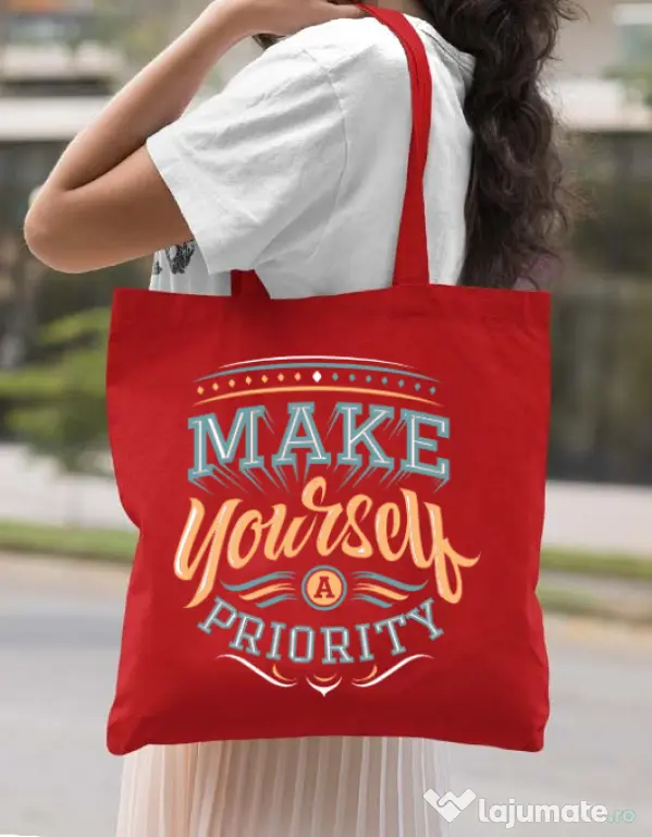 Sacosa din panza Make yourself a priority Rosu