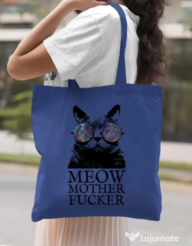 Sacosa din panza Meow motherfucker Albastru regal