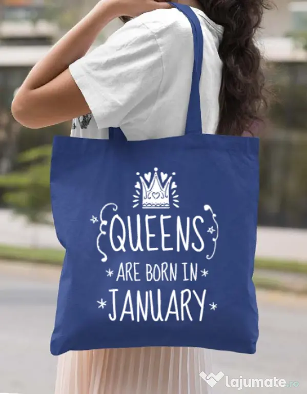 Sacosa din panza Queens are born in january Albastru regal